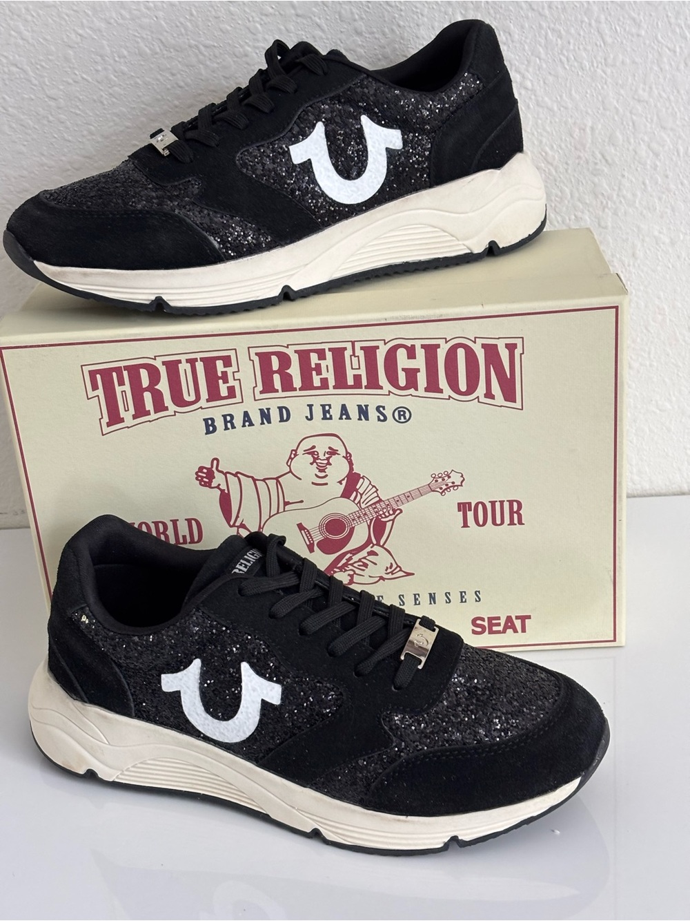 True Religion Black Glitter Logo Sneakers with White Emblem